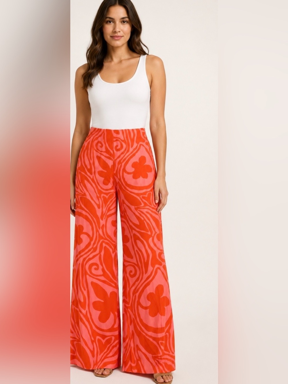 NWT Trina Turk Atoll Orange Floral Swirl Wide-Leg Pants Size M